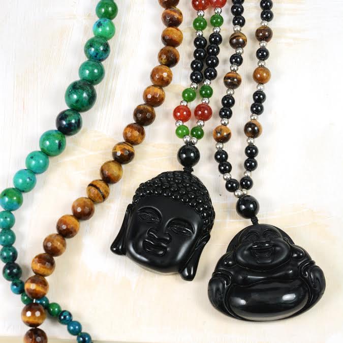 Yogi Amulet Mala Green Black Bead Buddha Pendant Necklace for Men Boho Fashion