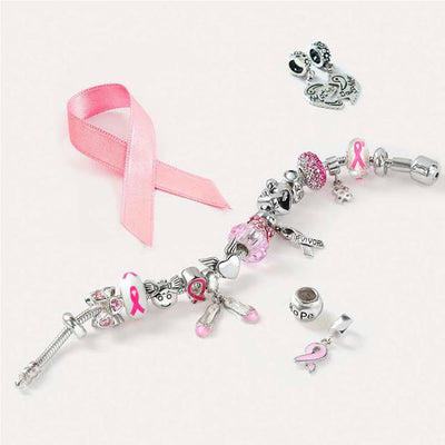 Radiant Pink Ribbon Hope Dangle Charm Bead - Sterling Silver for European Bracelets