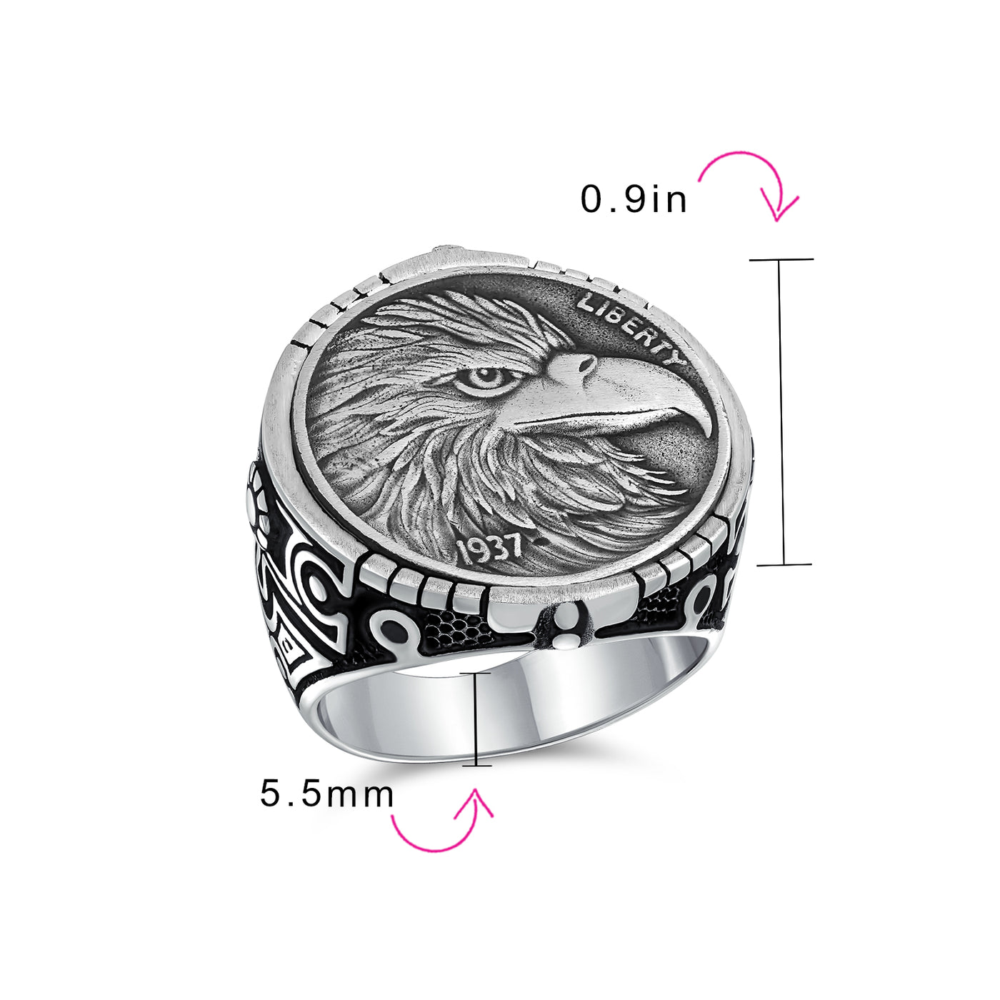 Mens Silver Ring with Patriotic USA Eagle Head Coin Design Oxidized .925 Sterling