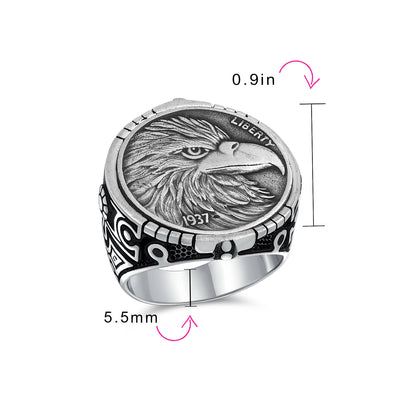 Mens Silver Ring with Patriotic USA Eagle Head Coin Design Oxidized .925 Sterling