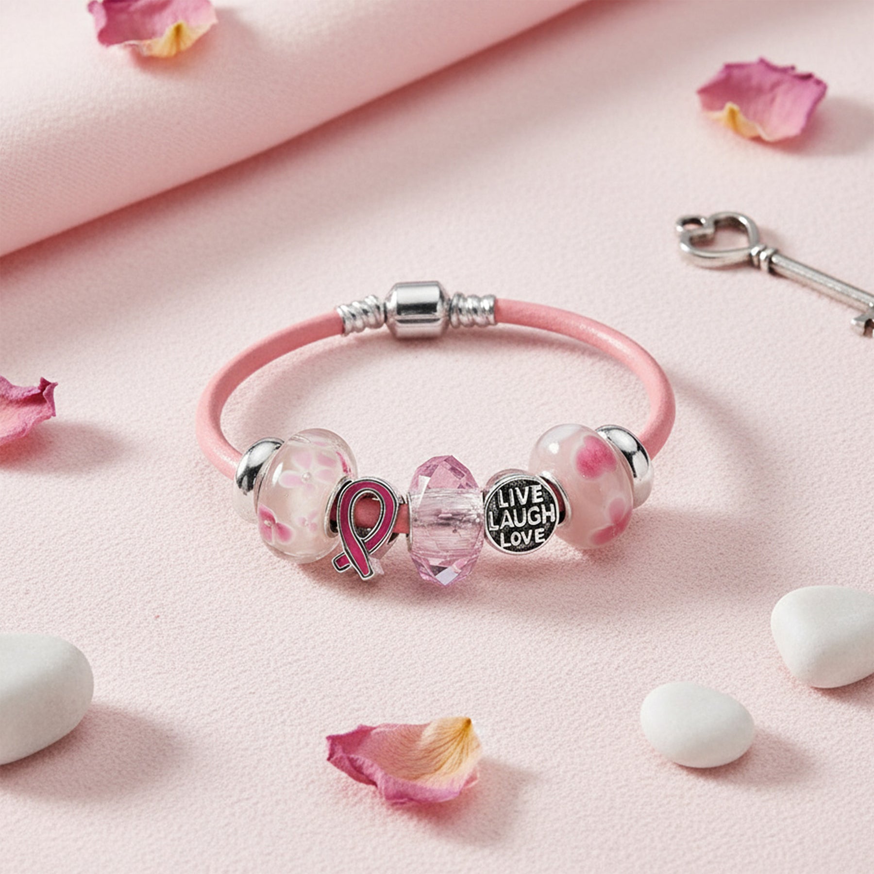 Breast Cancer Awareness Bracelet Sterling Silver Live Love Laugh Pink Ribbon Heart Charm Leather