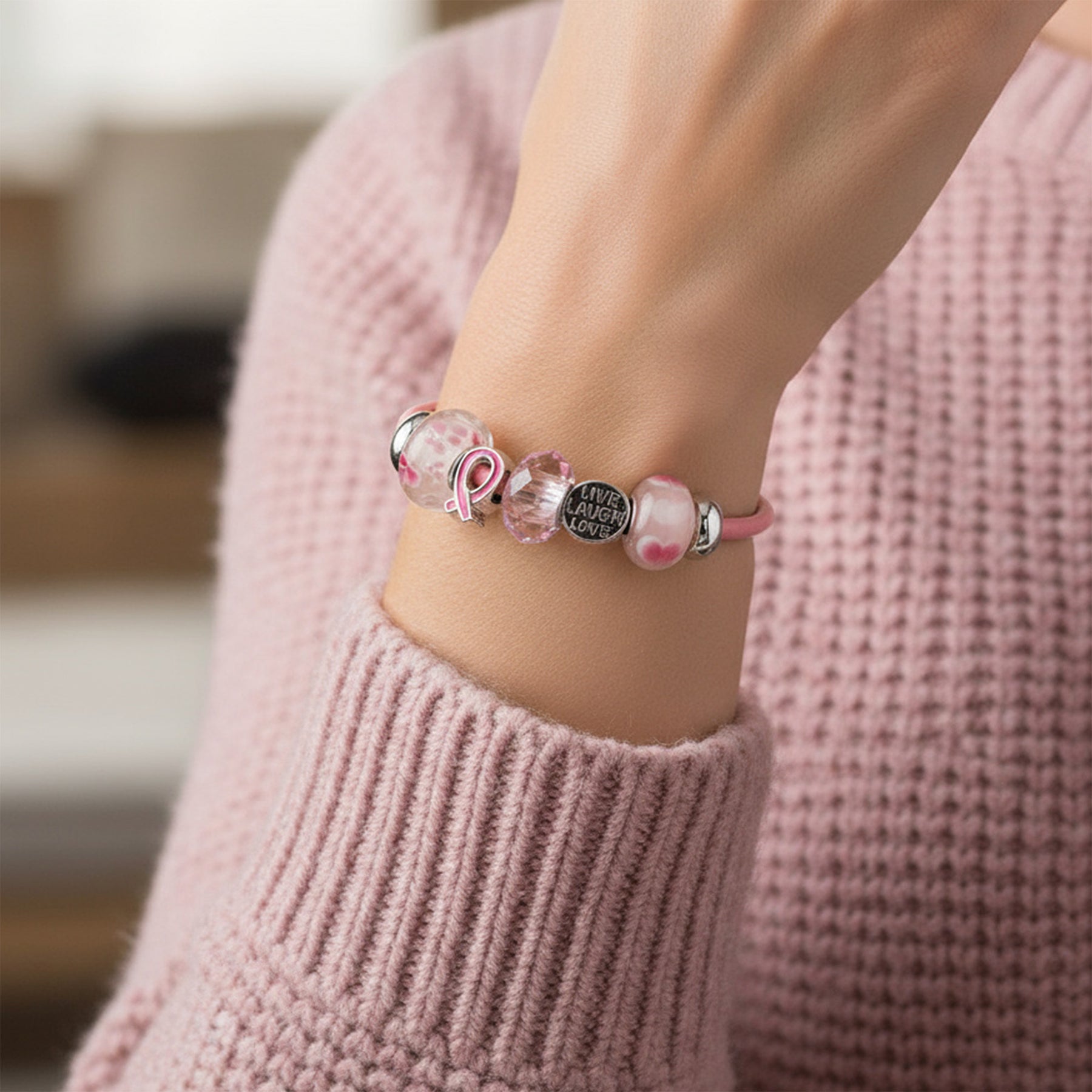 Breast Cancer Awareness Bracelet Sterling Silver Live Love Laugh Pink Ribbon Heart Charm Leather