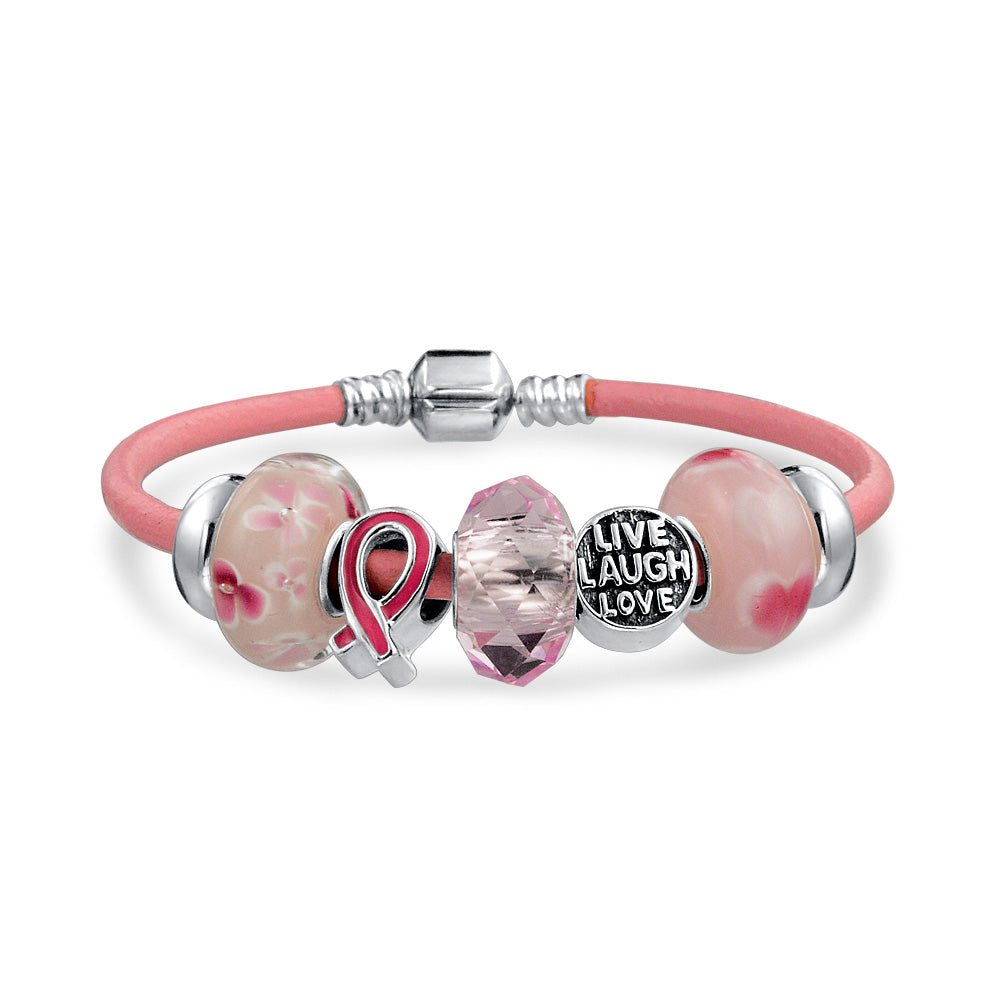 Breast Cancer Awareness Bracelet Sterling Silver Live Love Laugh Pink Ribbon Heart Charm Leather