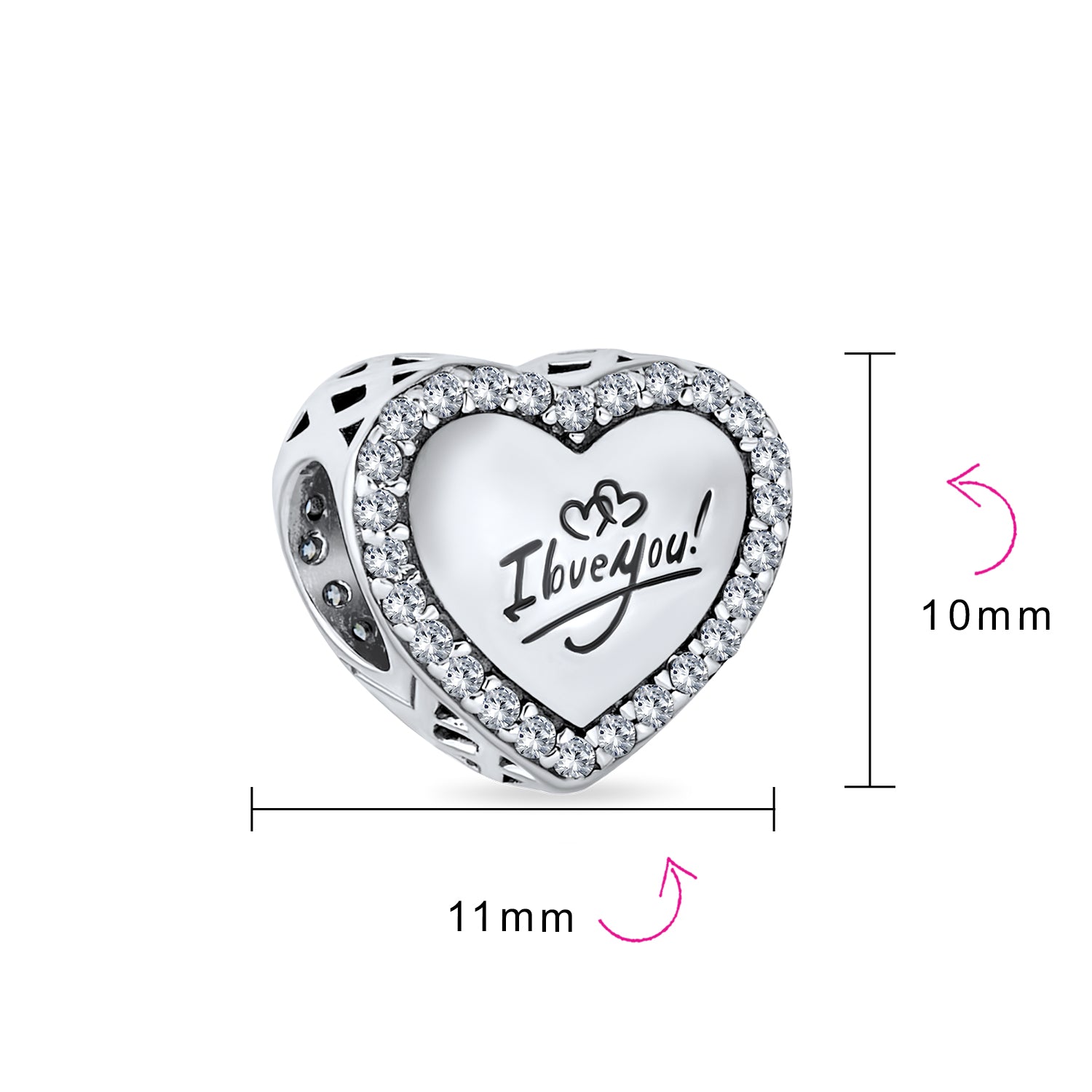 Sterling Silver Words I LOVE YOU Crystal Heart Shape & CZ Flower Shape Charm Bead for Bracelet (Set)
