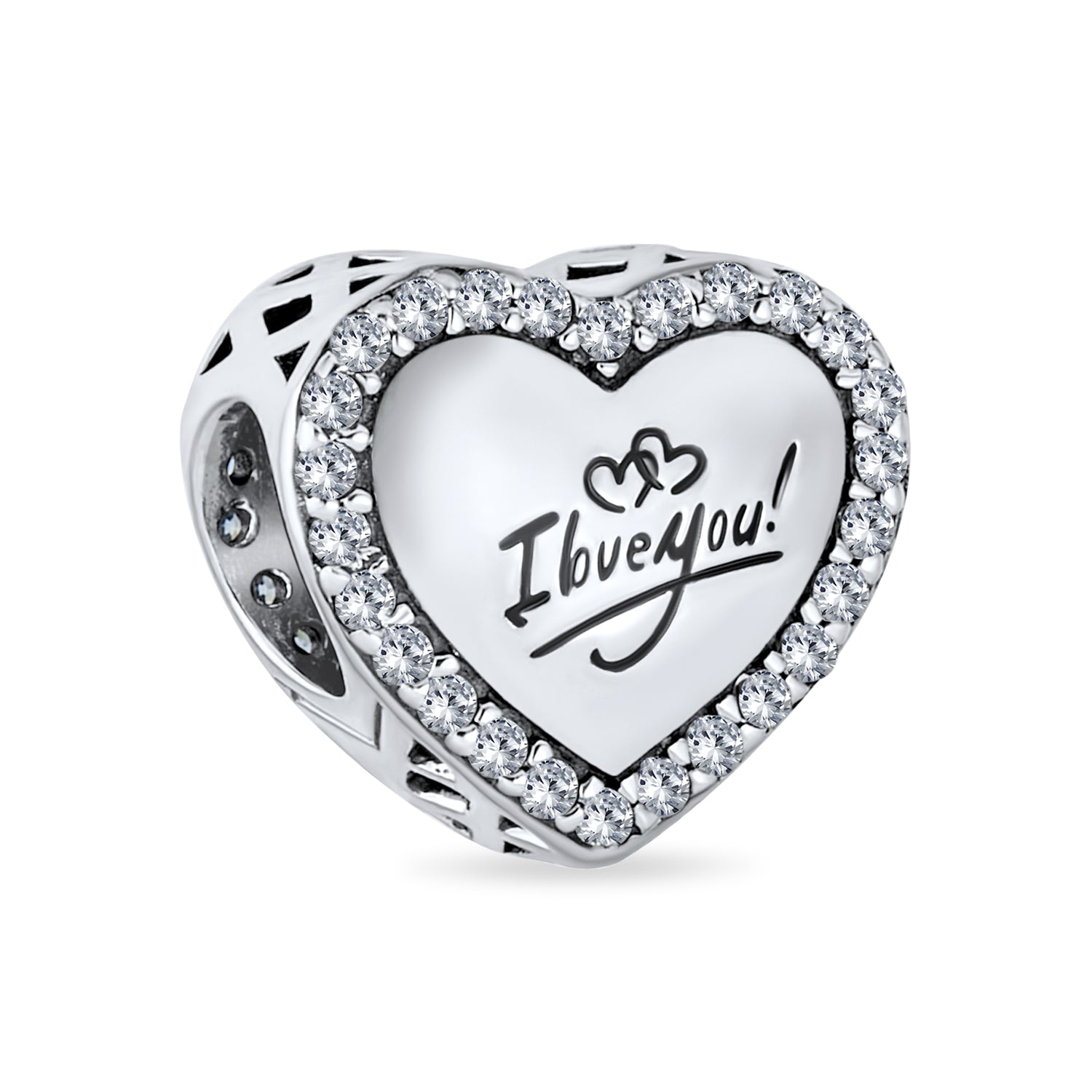 Sterling Silver Words I LOVE YOU Crystal Heart Shape & CZ Flower Shape Charm Bead for Bracelet (Set)