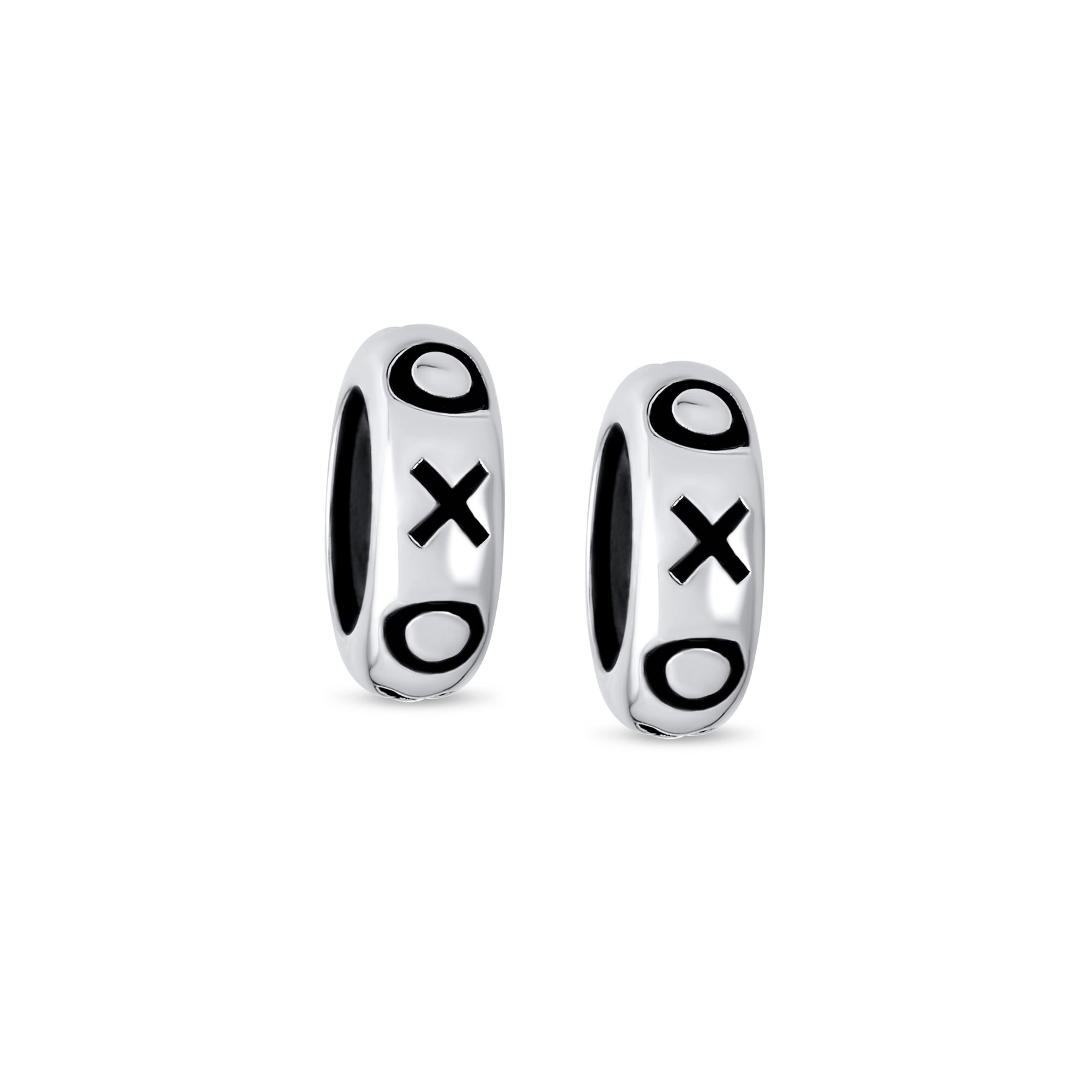 Sterling Silver XO Hugs & Kisses Spacer Stopper Bead Charm Black Rubber Center for Bracelet (Set)
