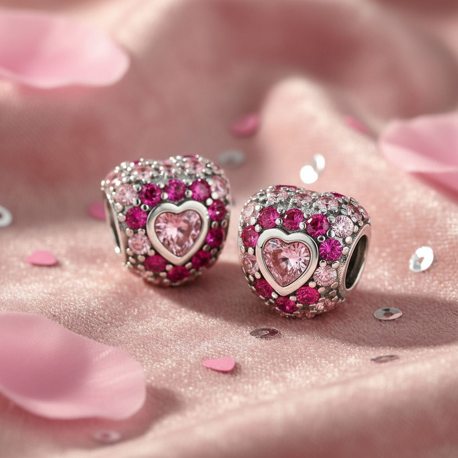 Sterling Silver Hot Pink Fuchsia Cubic Zirconia CZ Pave Heart Charm Bead Sterling for Bracelet (Set)