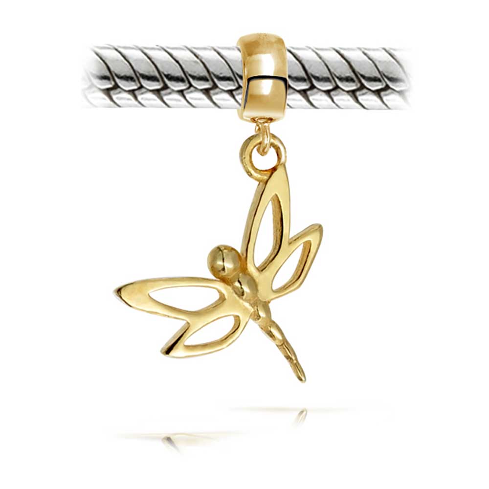 .925 Sterling Silver Dragonfly Firefly Butterfly Dangle Charm Bead 14K Gold Plated for Bracelet