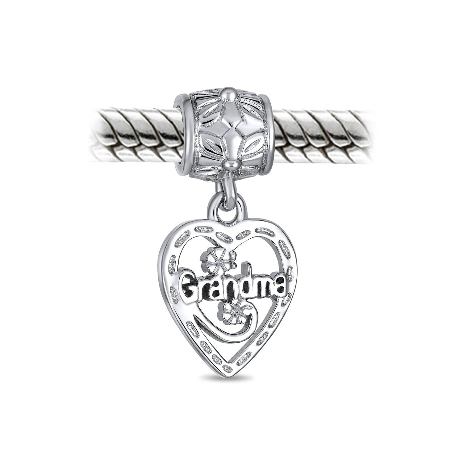 Sterling Silver Grandma Heart Dangle & Flower Black Rose Grandmother Charm Bead for Bracelet (Set)