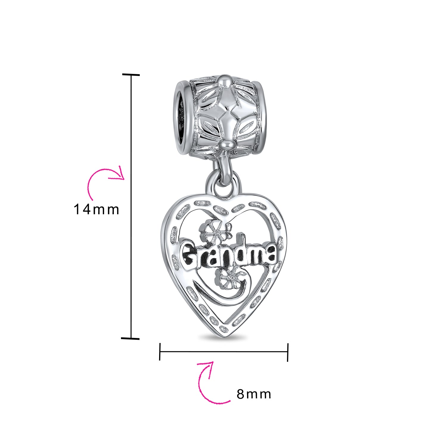 .925 Sterling Silver Heart Word Grandma Dangle Charm Bead For Grandmother for Bracelet