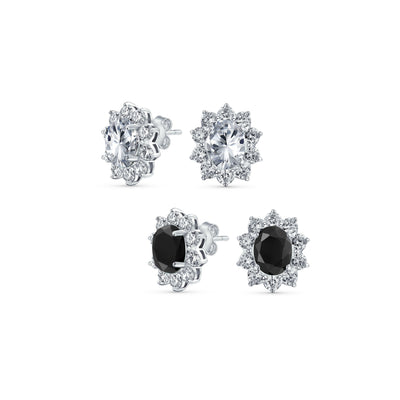 Set of 2 Classic Vintage Crown Black Clear 1.5 CT CZ Stud Earring Silver Plated