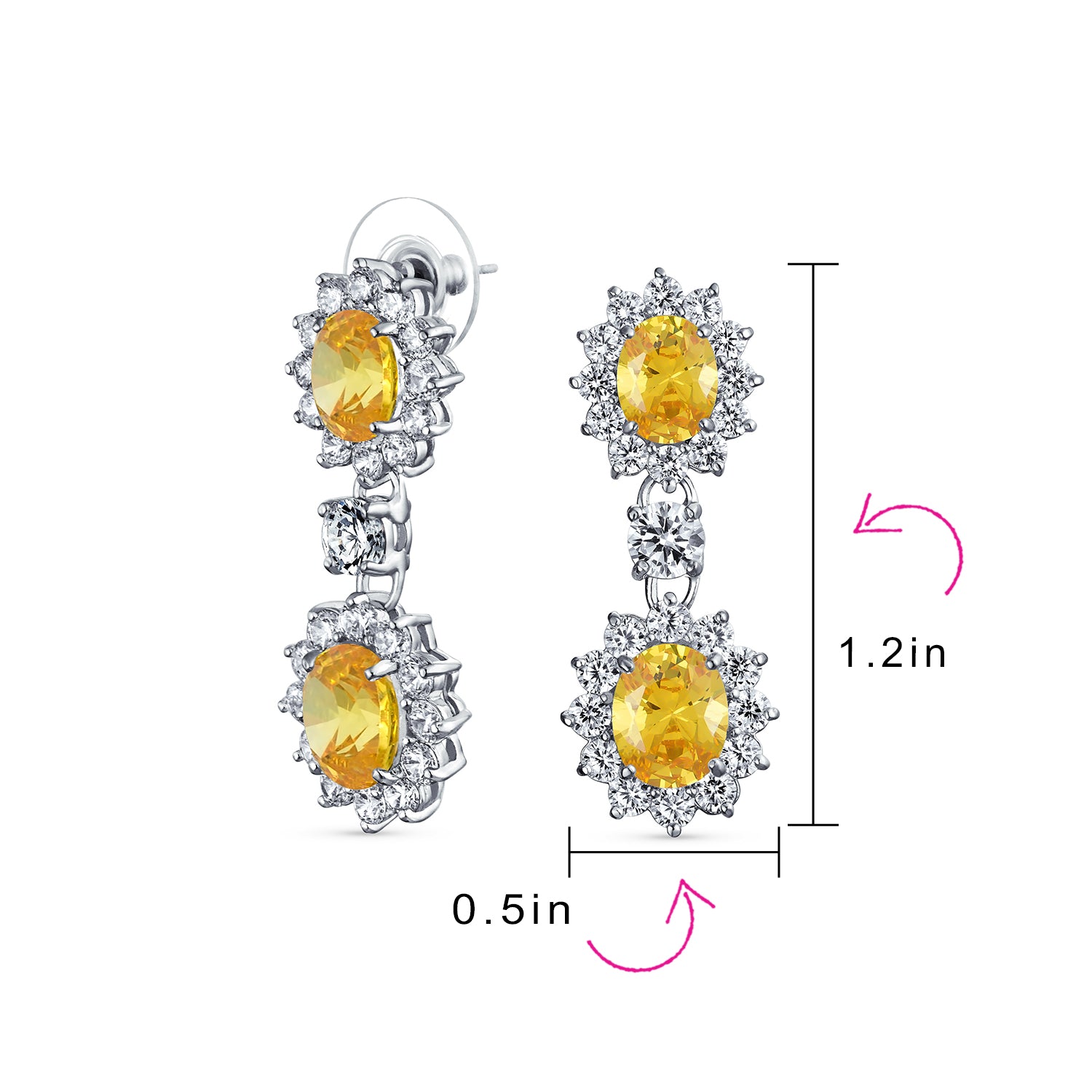 Set of 2 Art Deco Crown Halo Oval Yellow & Blue CZ Dangle Drop Earrings