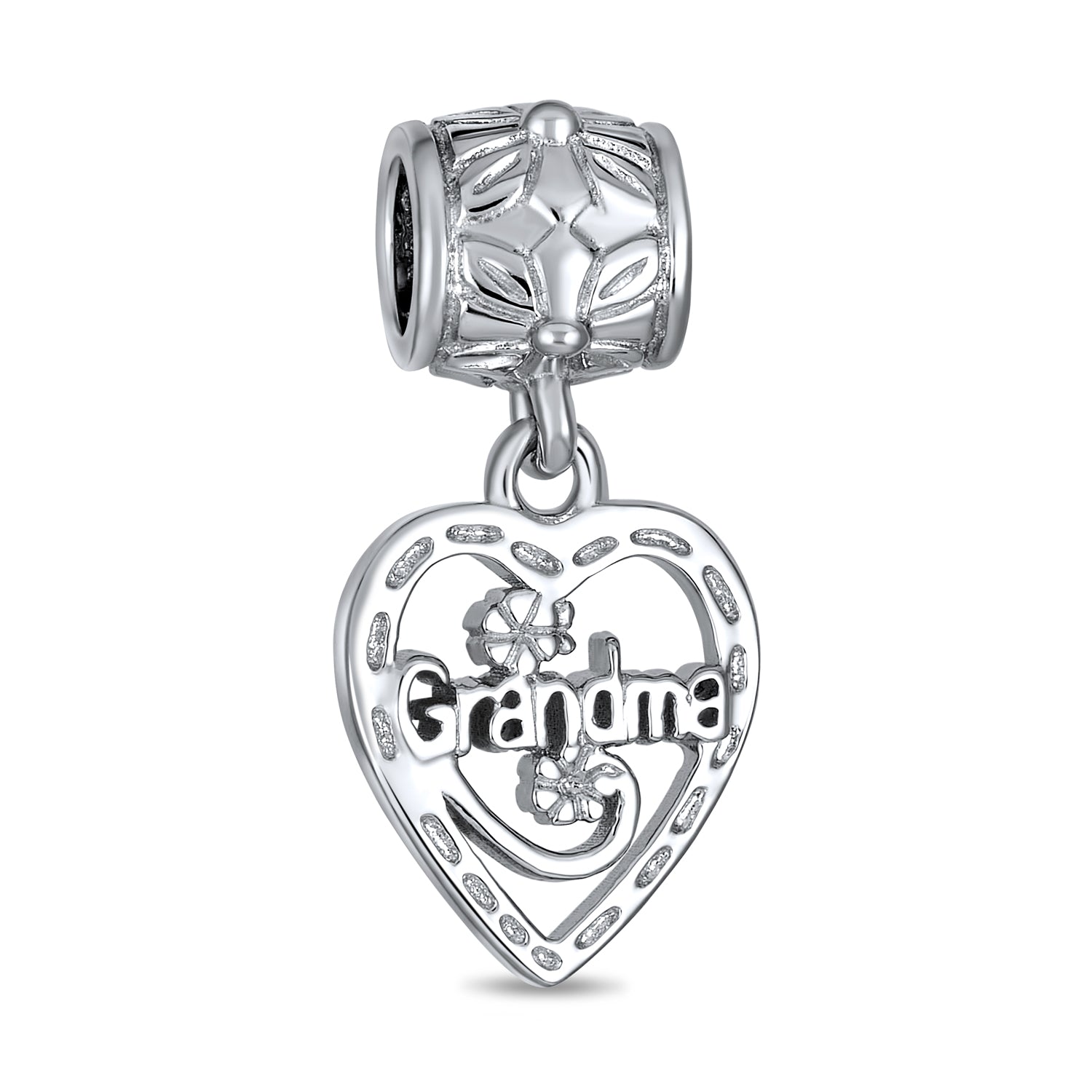 .925 Sterling Silver Heart Word Grandma Dangle Charm Bead For Grandmother for Bracelet