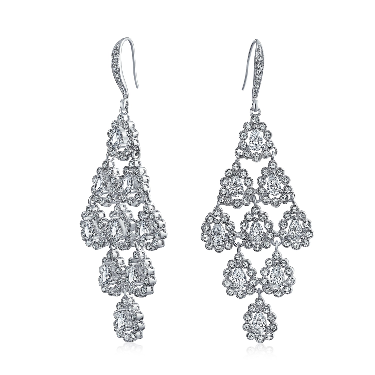 Bridal Multi Teardrop Marquise CZ Waterfall Cocktail Statement Chandelier Earrings Rhodium Plated