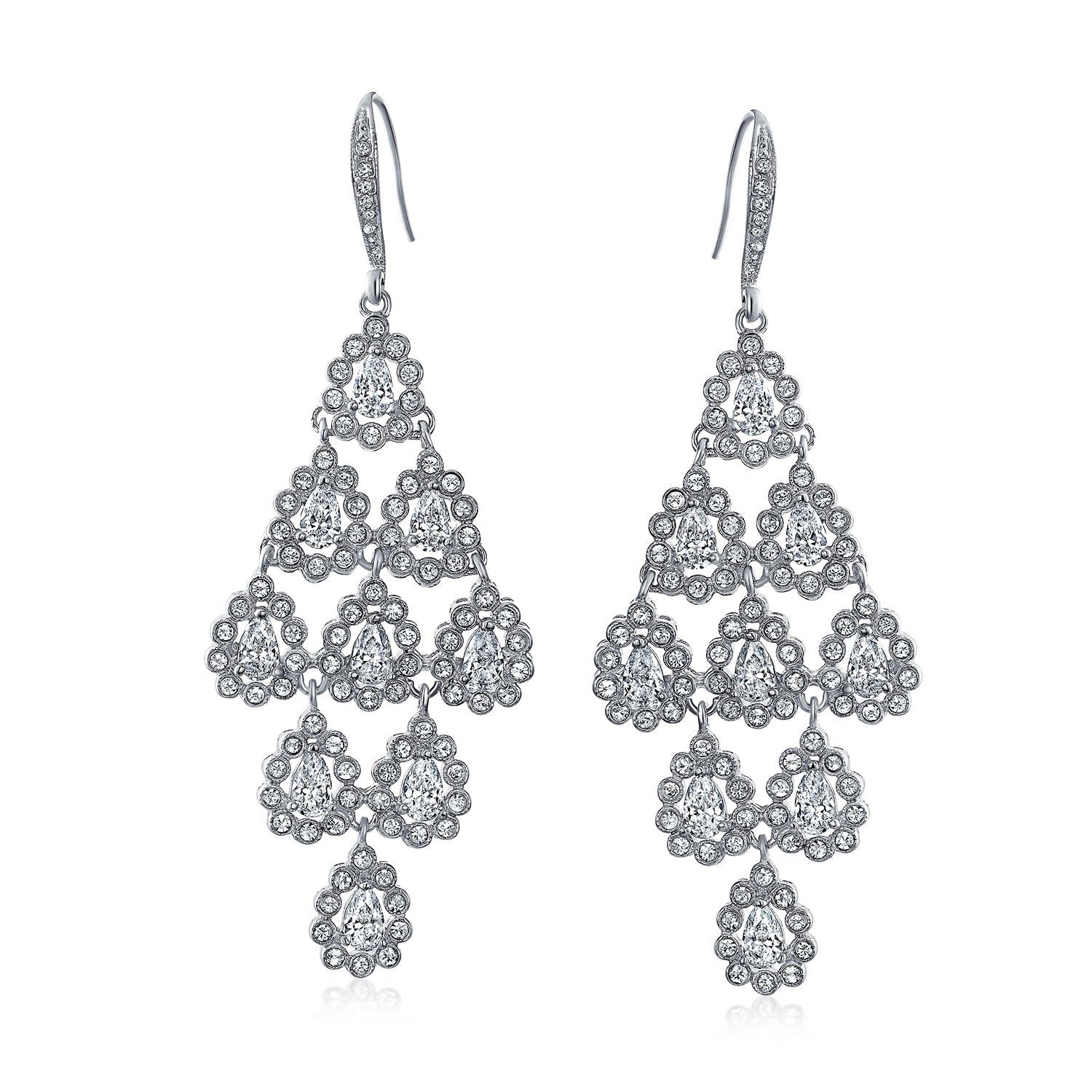 Bridal Multi Teardrop Marquise CZ Waterfall Cocktail Statement Chandelier Earrings Rhodium Plated