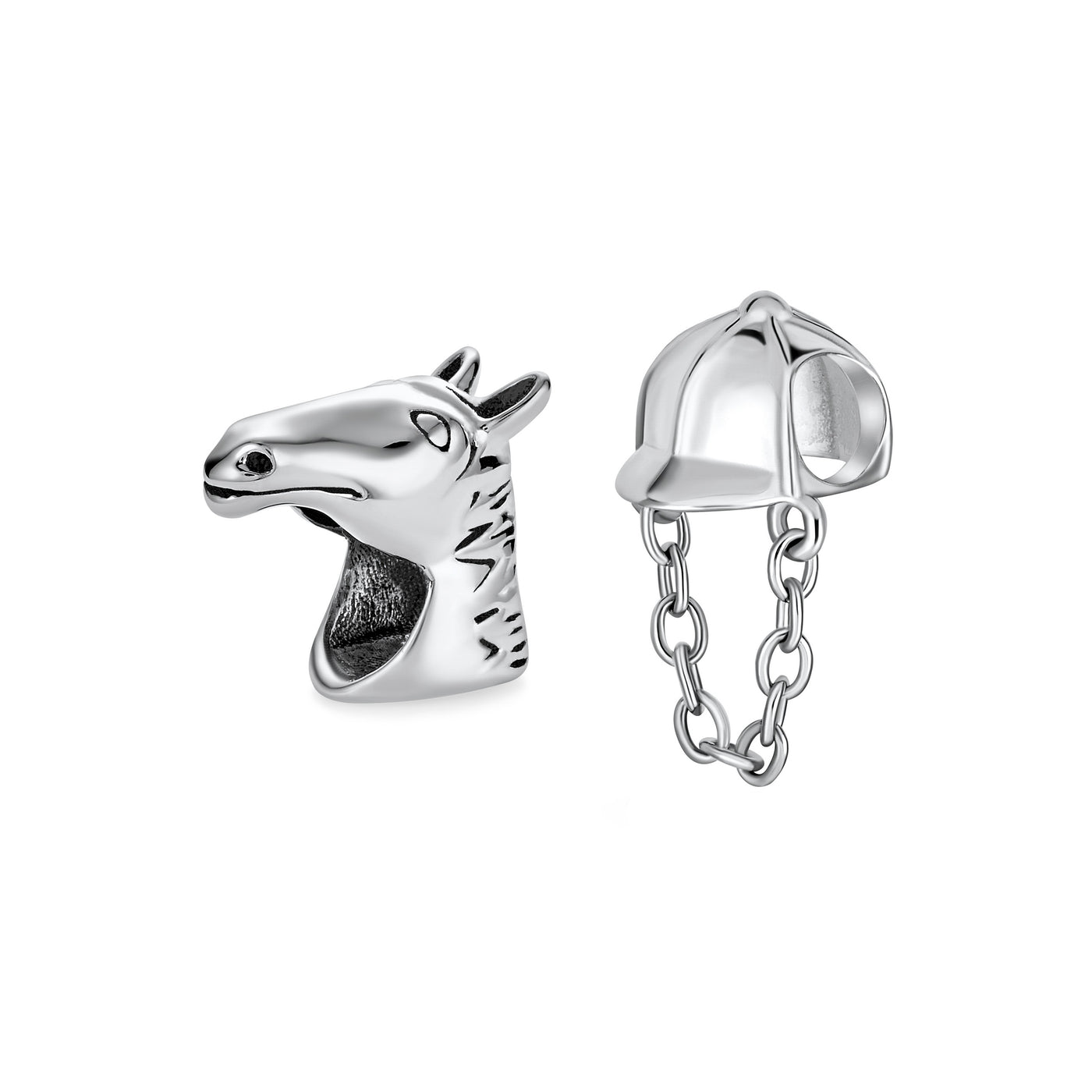 Set of 2 Western Horse and Jockey Equestrian Cap Hat Charm Bead Sterling Silver