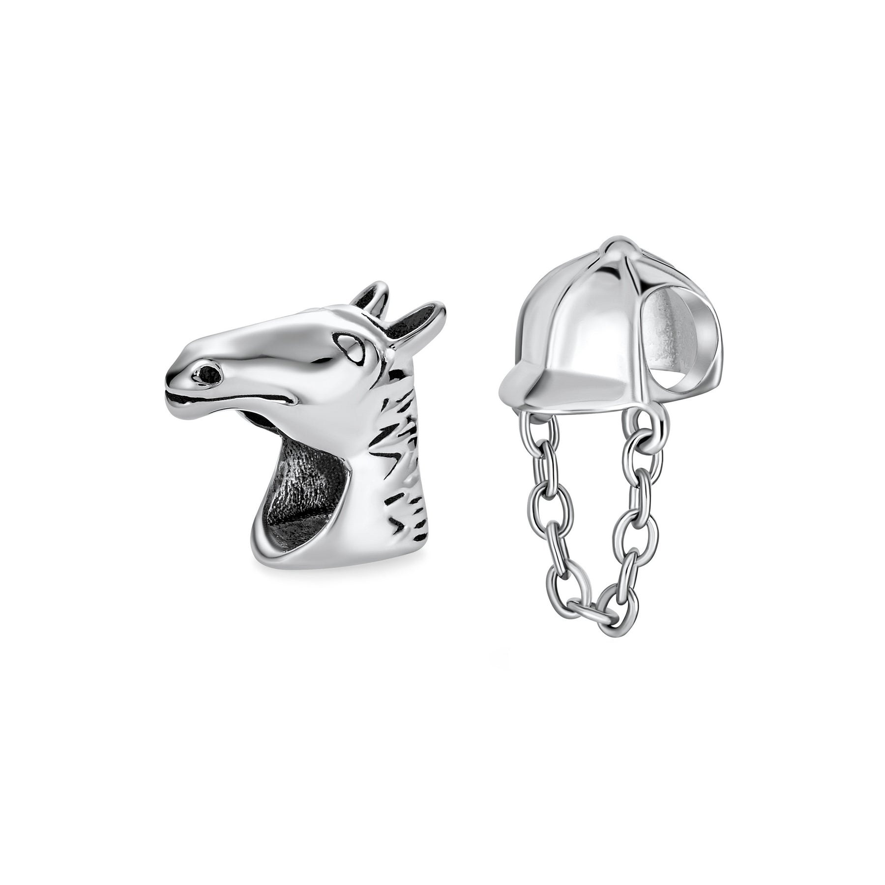 Sterling Silver Western Horse Jockey Equestrian Hat Cap Sports Helmet Charm Bead for Bracelet (Set)