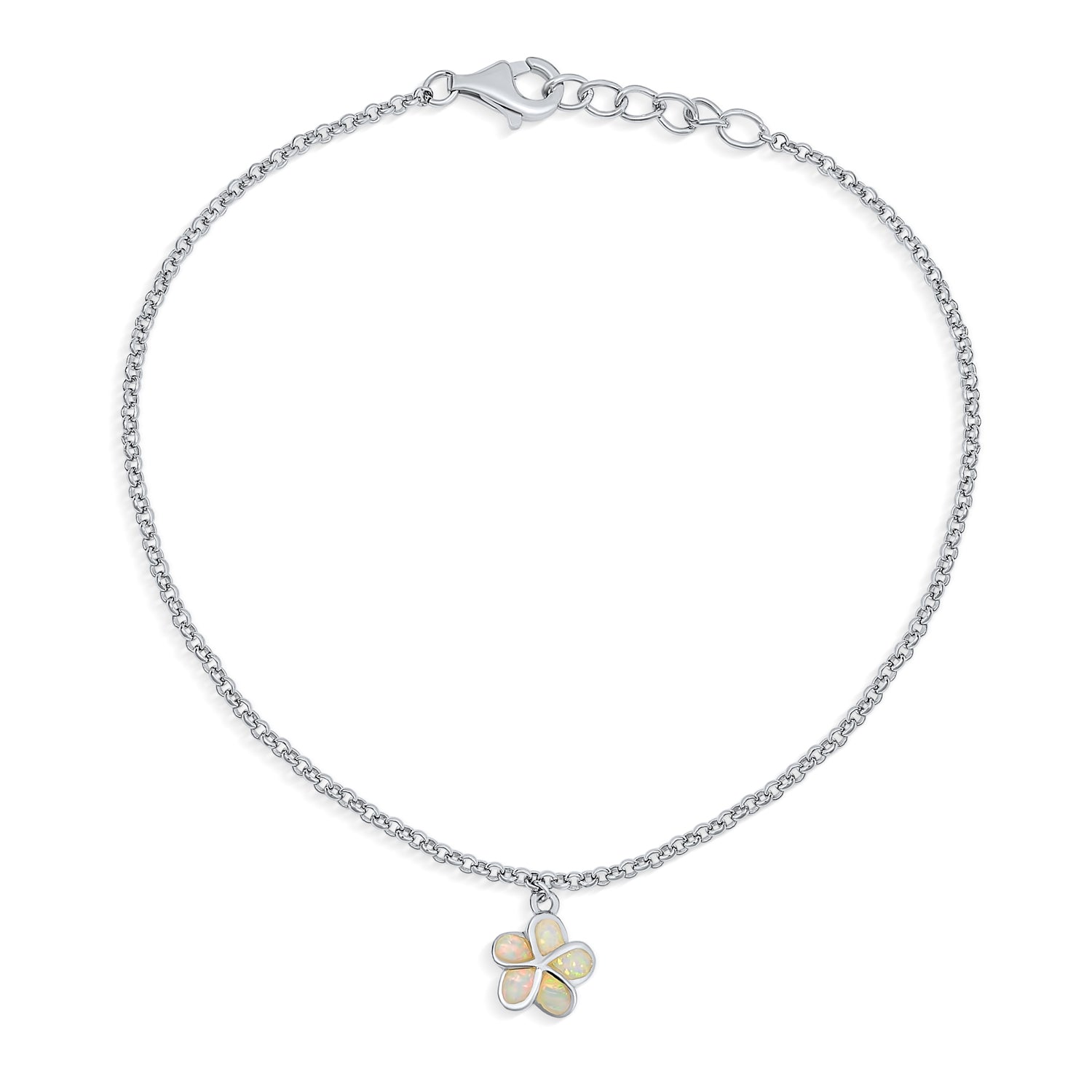 White Opal Hawaiian Plumeria Flower Anklet Ankle Bracelet .925 Sterling Silver