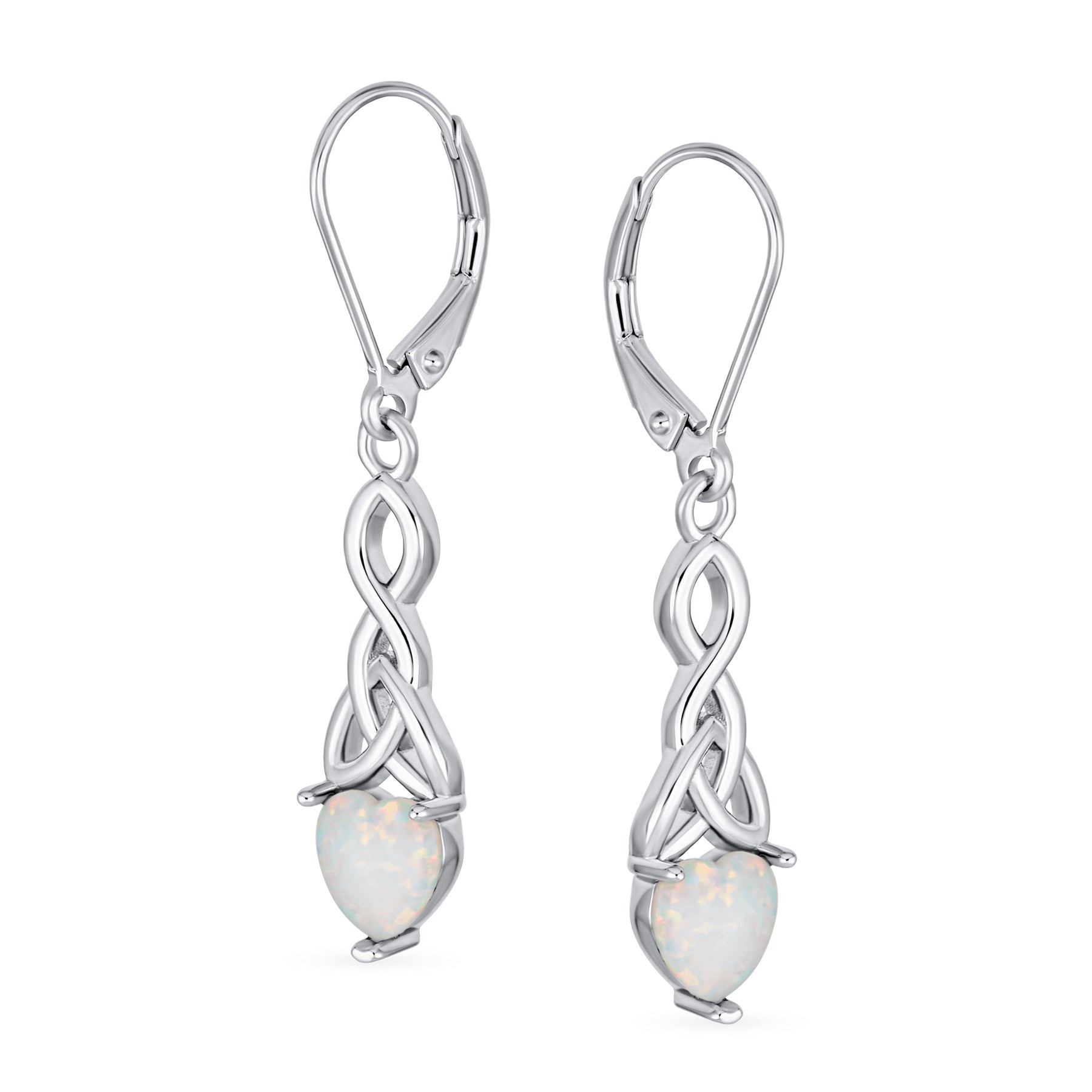 Romantic White Heart Opal Love Knot Dangle Gemstone Earrings Sterling Silver