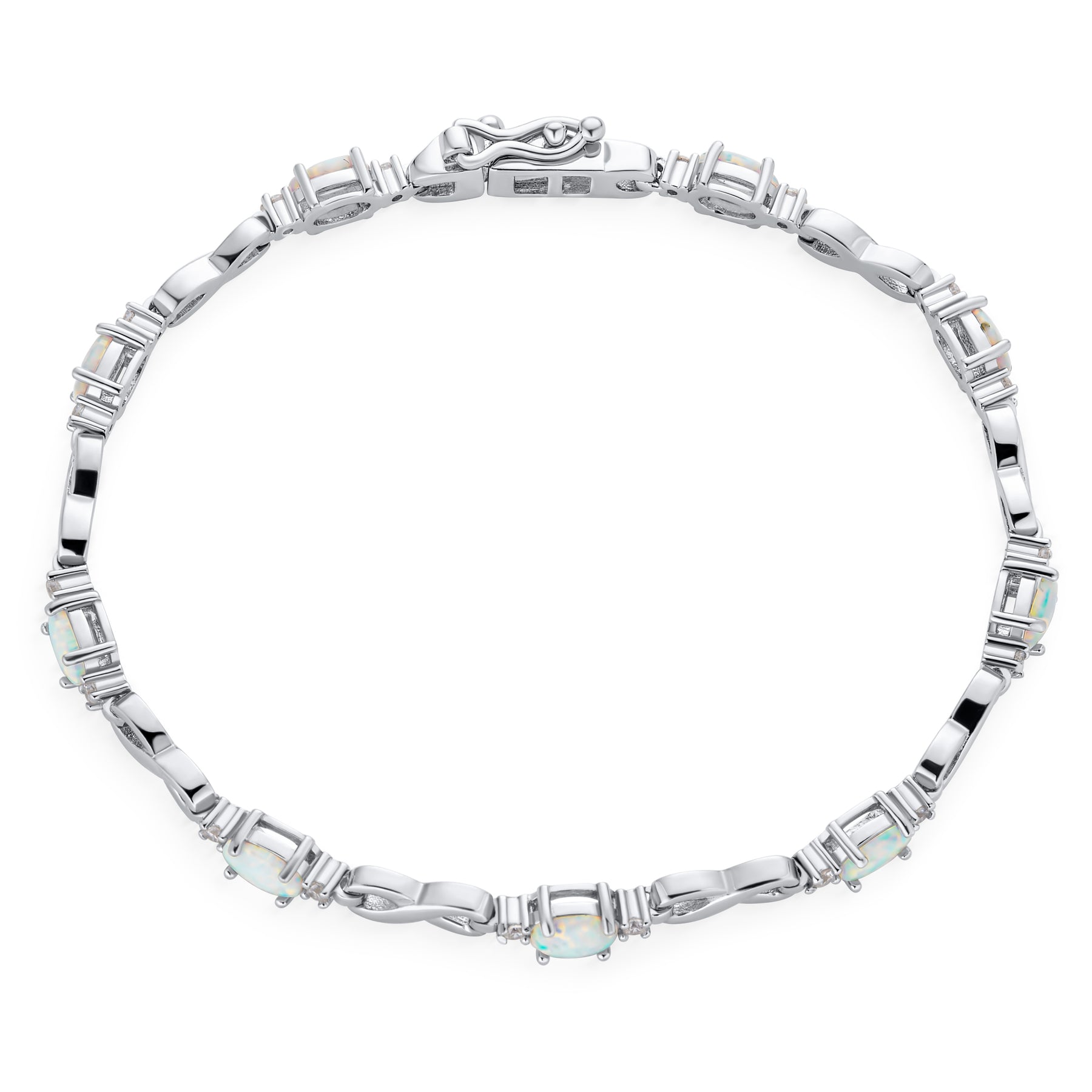 White Created Opal & CZ Forever Infinity Tennis Bracelet .925 Sterling Silver 7.5 Inch