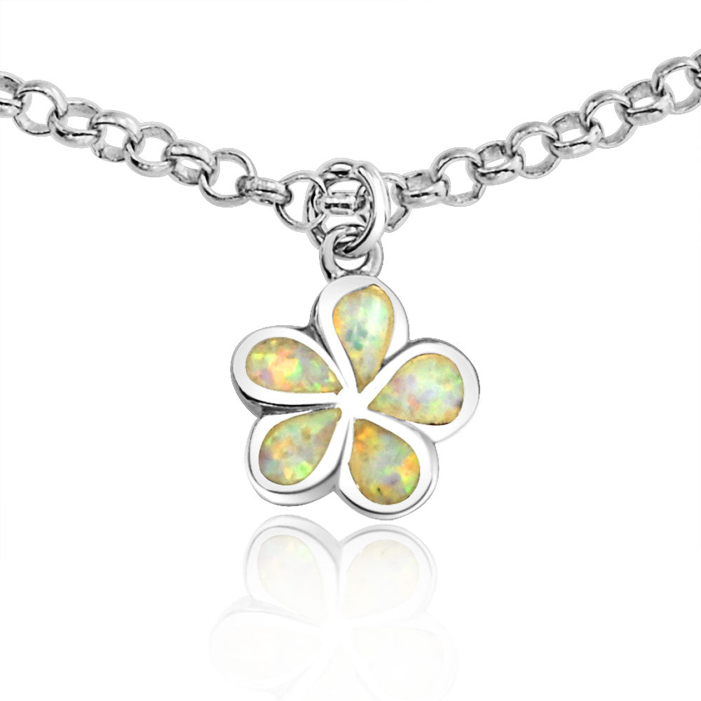 White Opal Hawaiian Plumeria Flower Anklet Ankle Bracelet .925 Sterling Silver