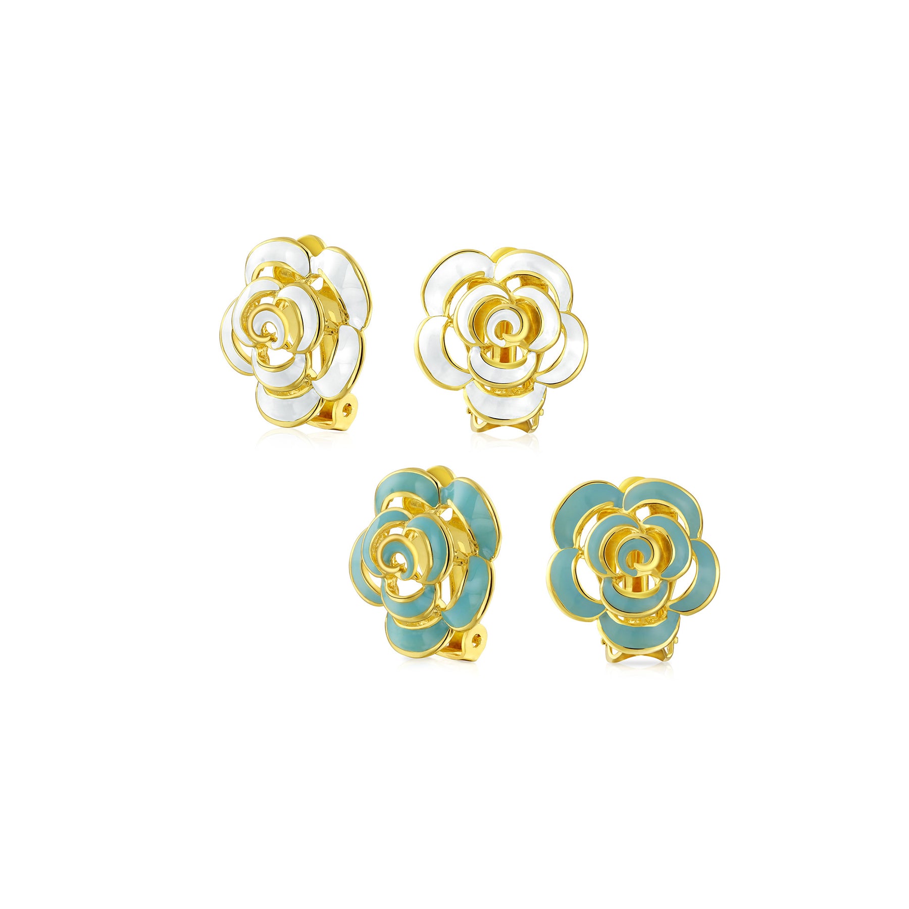 Enamel 3D White Turquoise Blue Rose Flower Clip On Earrings Button Style 14K Gold Plated (Set of 2)