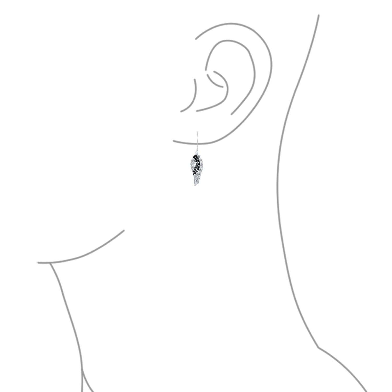 Spiritual Guardian Angel Wing Drop Earrings Feather Black White CZ Lever Back Rhodium Plated