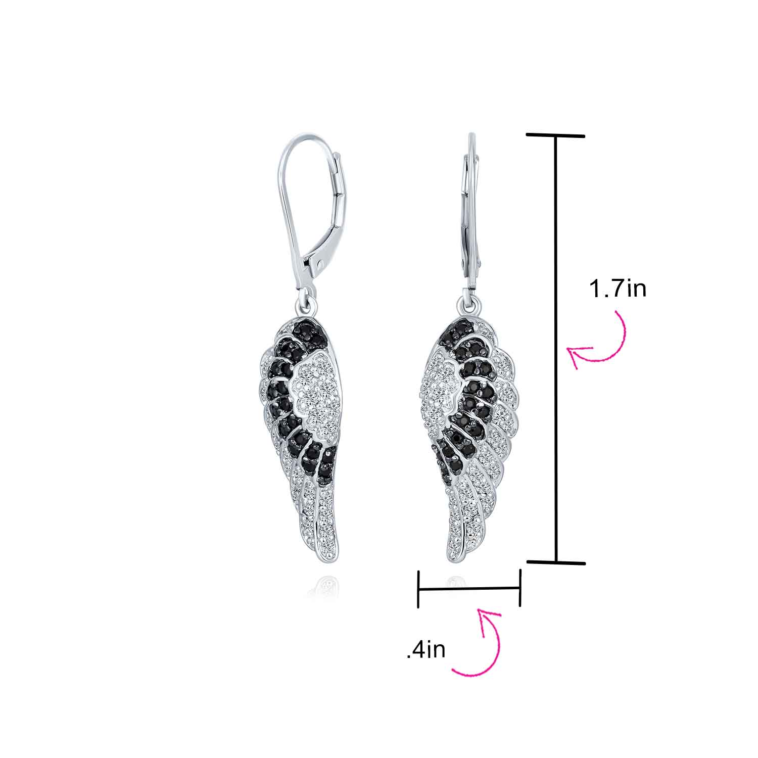 Spiritual Guardian Angel Wing Drop Earrings Feather Black White CZ Lever Back Rhodium Plated