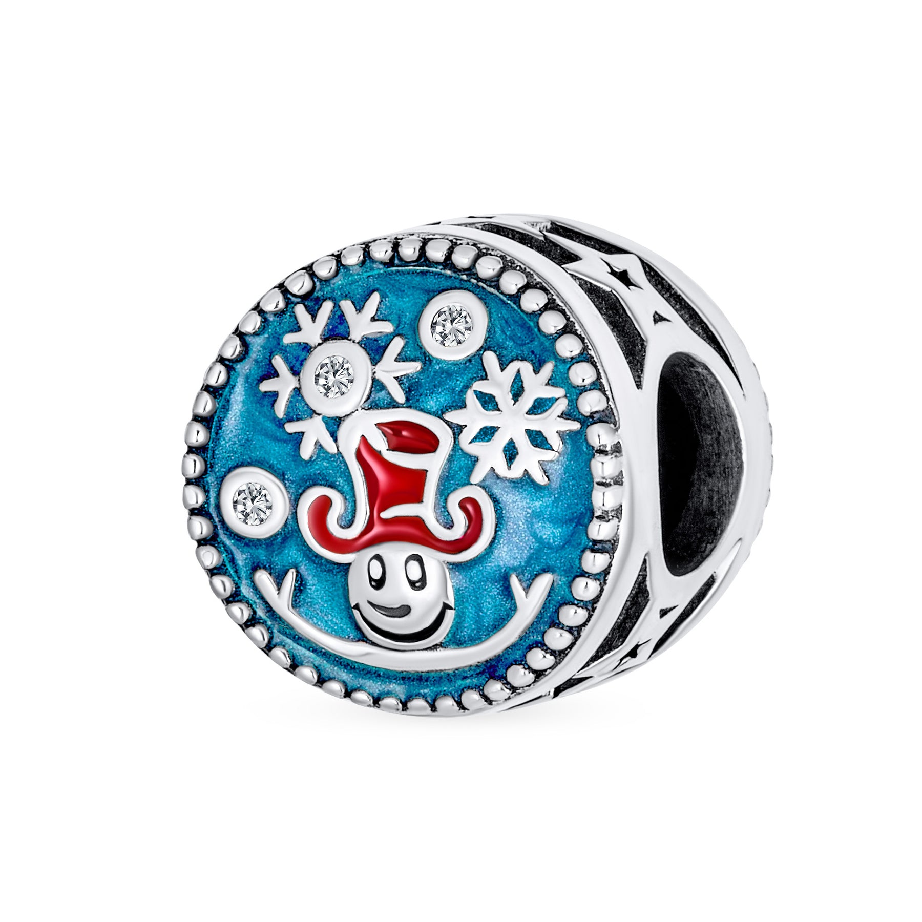 Sterling Silver Frozen Winter Christmas Red Hat Bead Blue Enamel Snowflake Charm for Bracelet