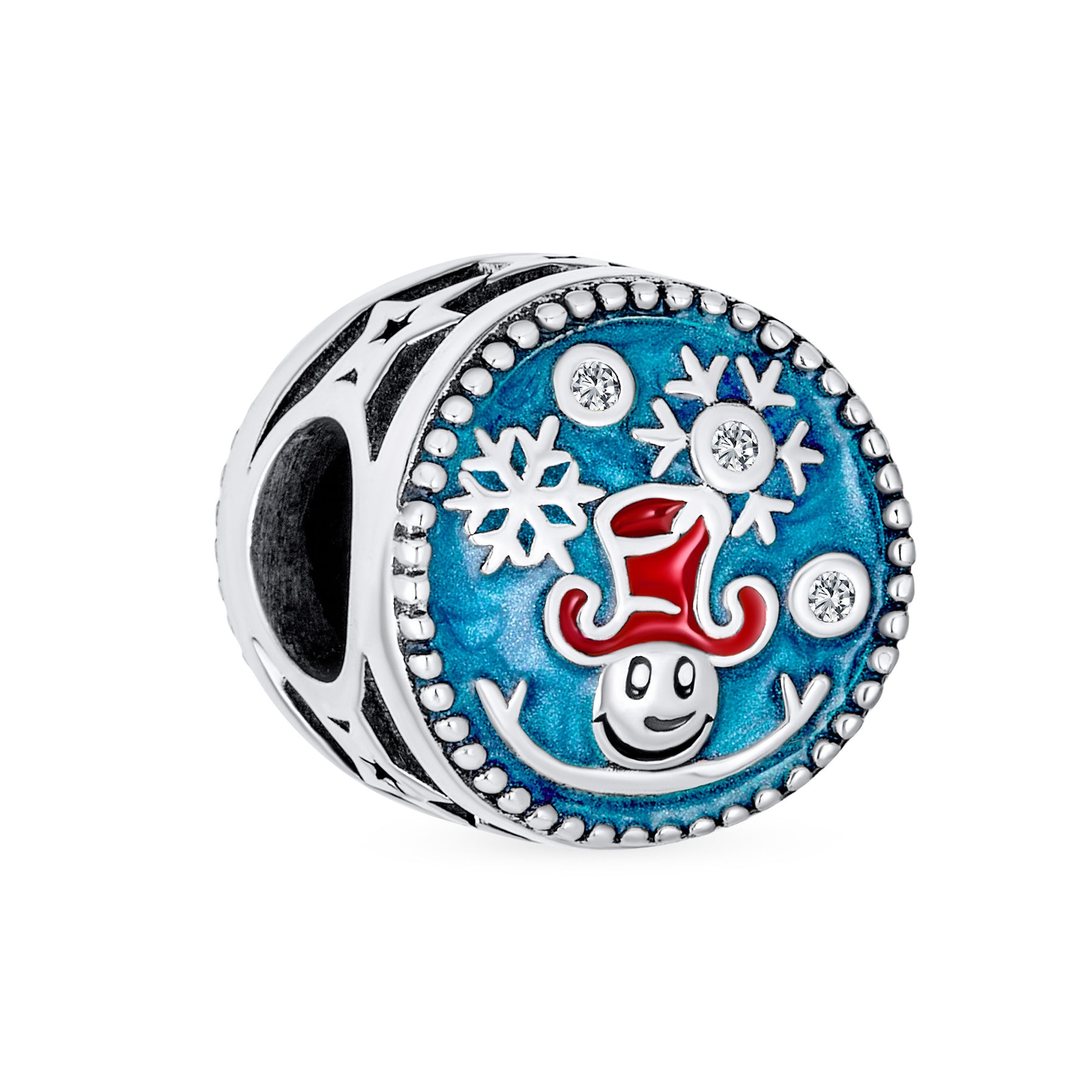 Sterling Silver Frozen Winter Christmas Red Hat Bead Blue Enamel Snowflake Charm for Bracelet