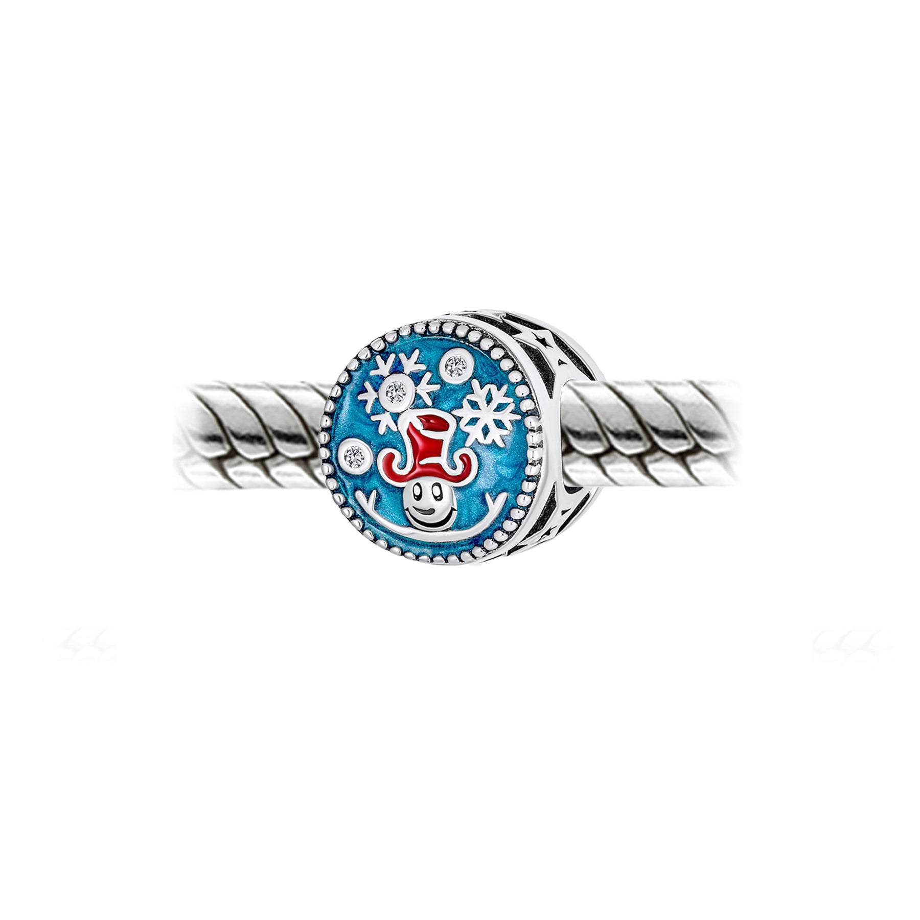 Sterling Silver Frozen Winter Christmas Red Hat Bead Blue Enamel Snowflake Charm for Bracelet