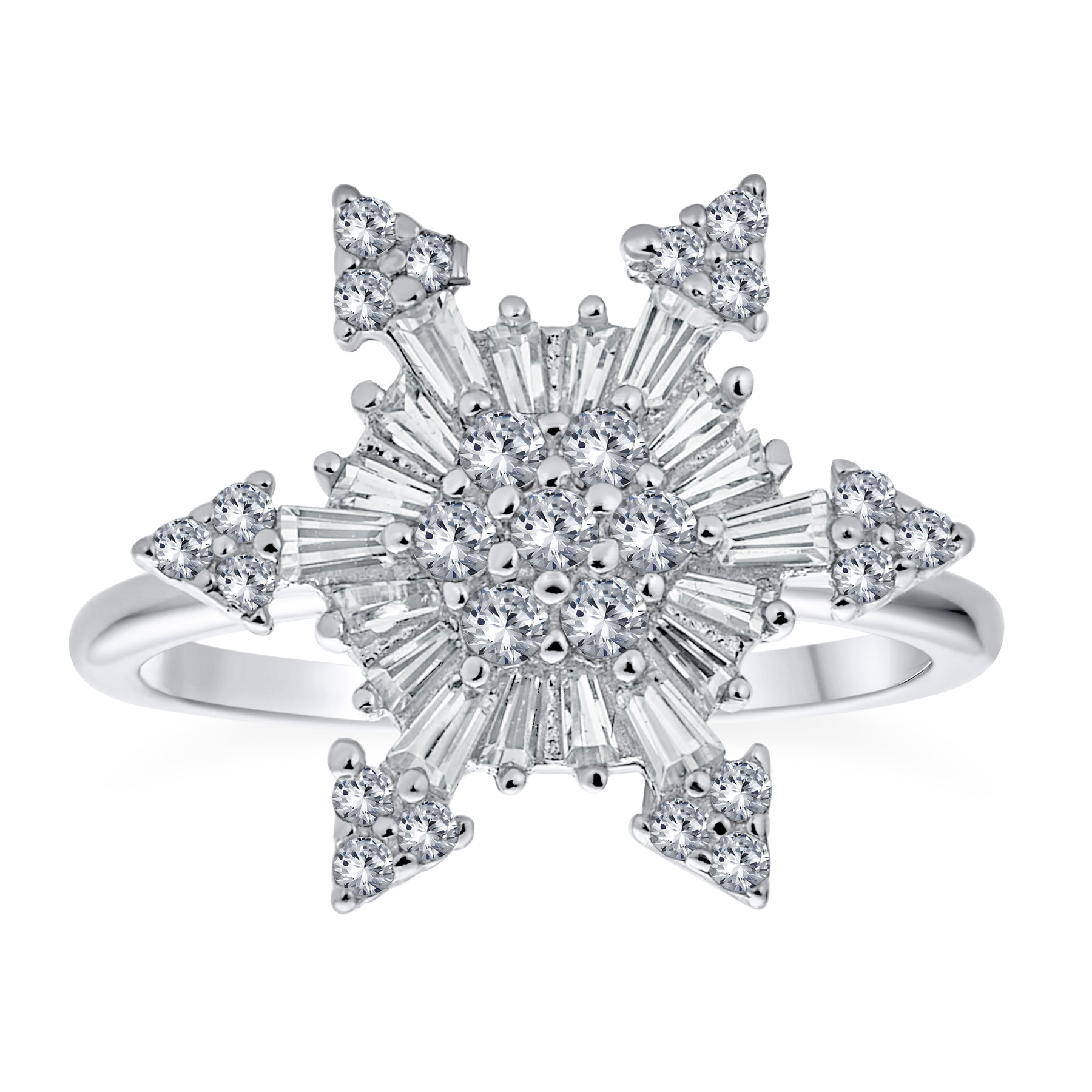 Winter Holiday Statement Flower CZ Snowflake Fidget Spinner Ring Sterling Silver