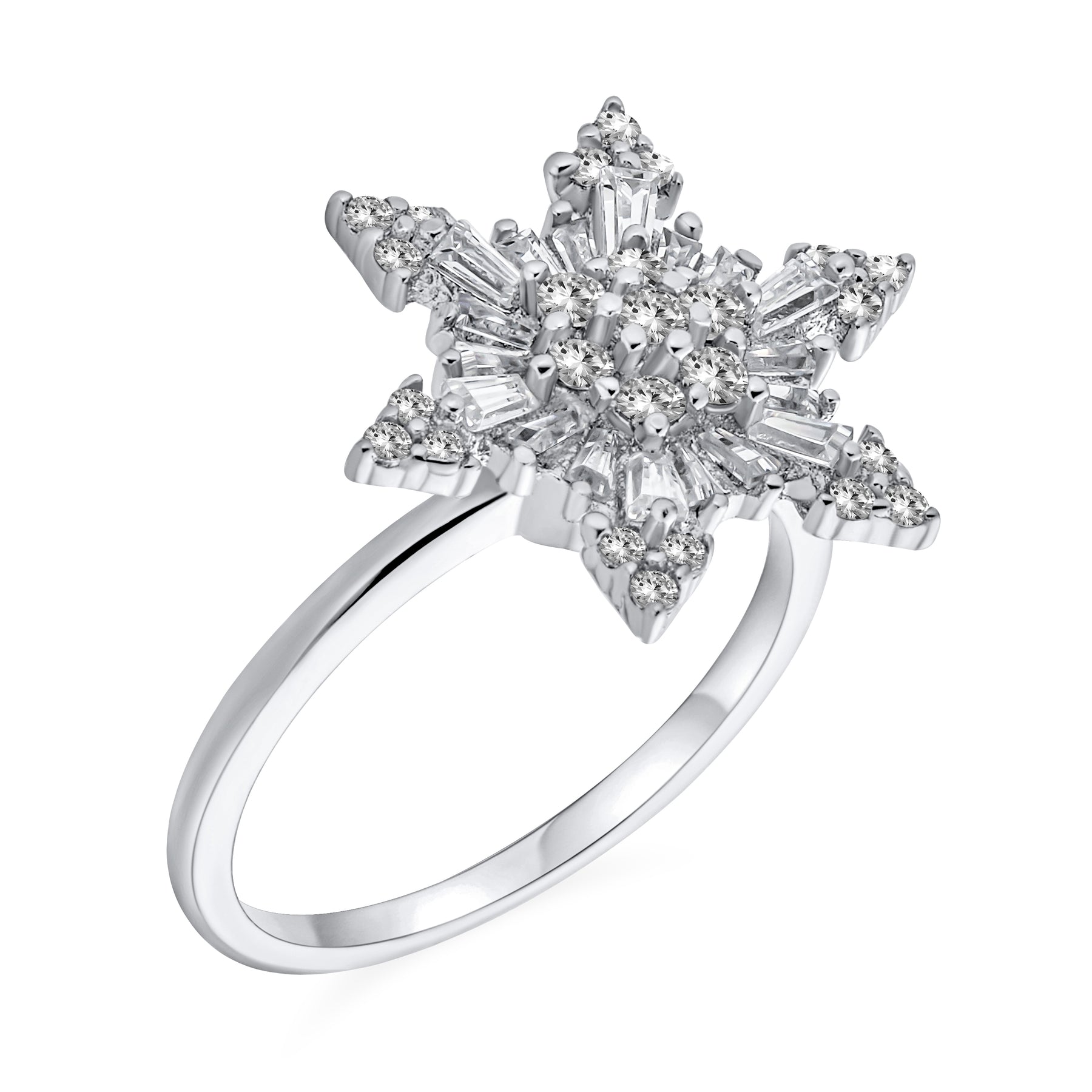 Winter Holiday Statement Flower CZ Snowflake Fidget Spinner Ring Sterling Silver