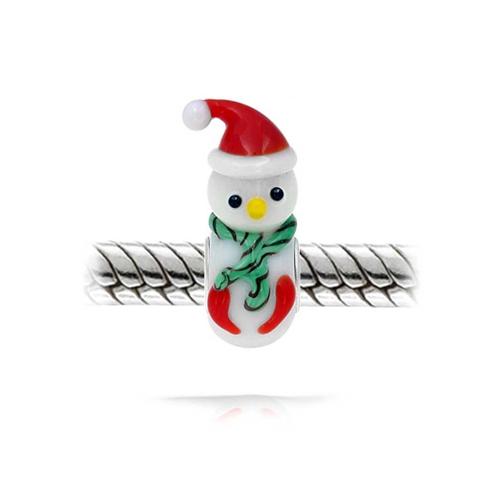 Set of 2 Christmas Charm Bead Snowman Murano Glass Silver for European Bracelet