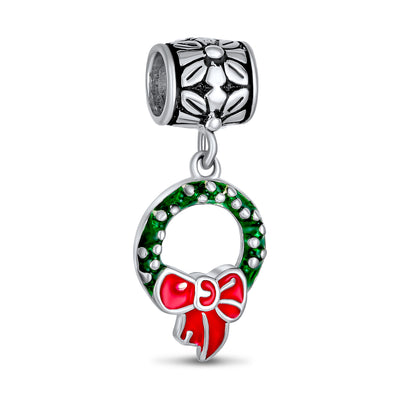 Green Wreath Christmas Charm Bead with Red Bow Enamel Sterling Silver for Bracelets