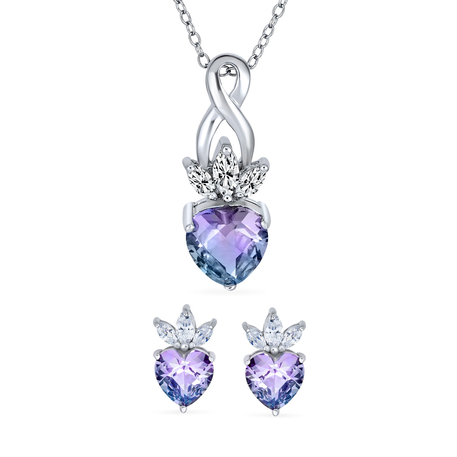 Mystic Purple Blue Heart Shaped CZ Infinity Pendant Necklace & Earrings Set .925 Sterling Silver