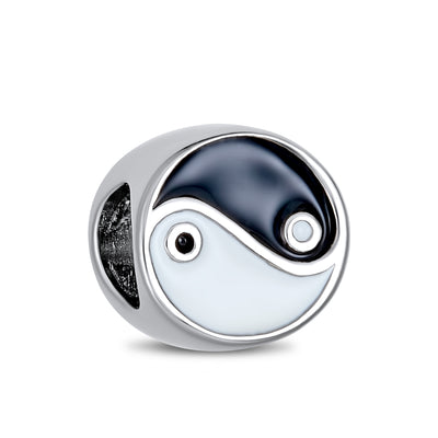 Set of 2 Black White Yin Yang Yogi Gymnastics Yoga Pose Charm Bead Enamel Silver