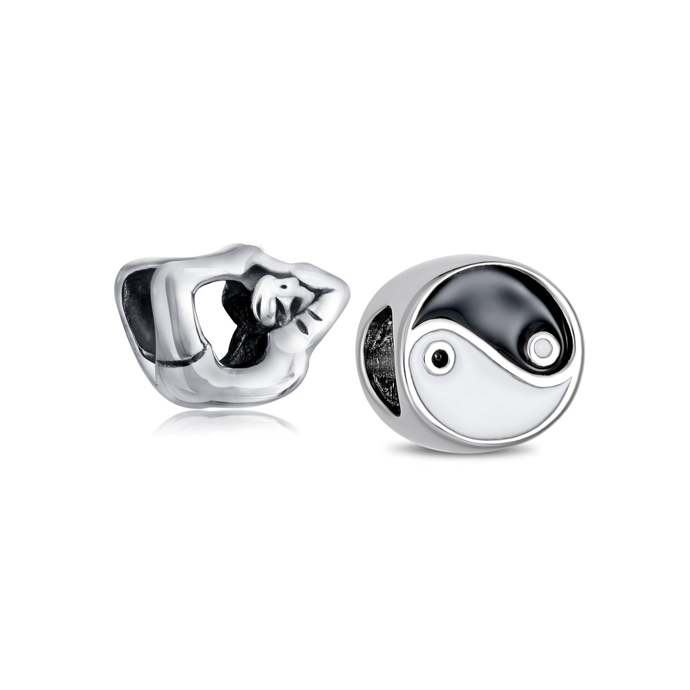 Set of 2 Black White Yin Yang Yogi Gymnastics Yoga Pose Charm Bead Enamel Silver