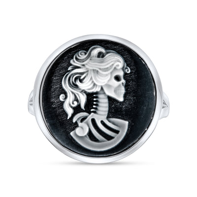 Vintage Black White Cameo Silver Ring Punk Rock Biker Jewelry Sterling