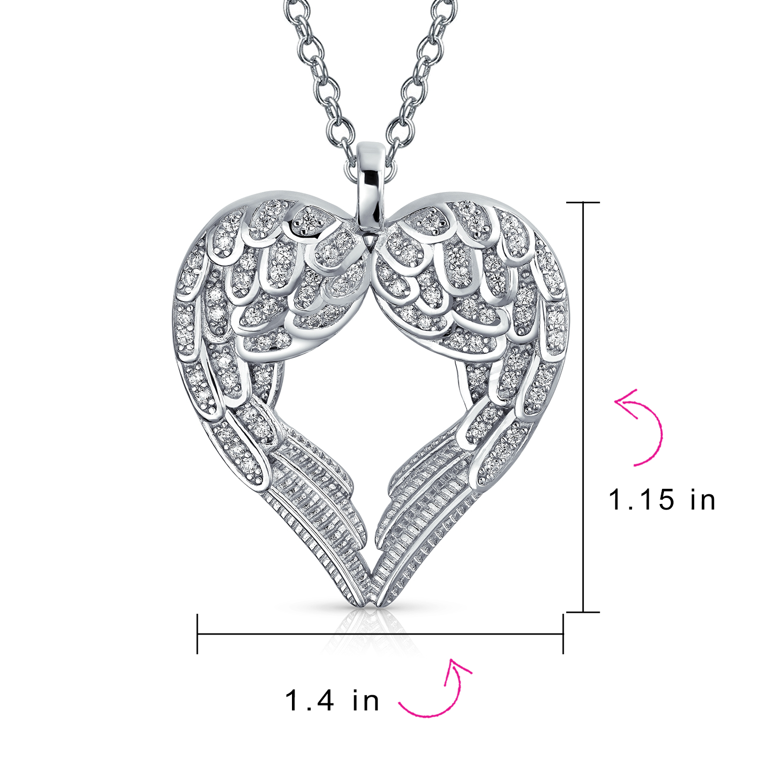 Pave Cubic Zirconia CZ Heart Kissing Angel Wing Pendant Necklace Sterling Silver