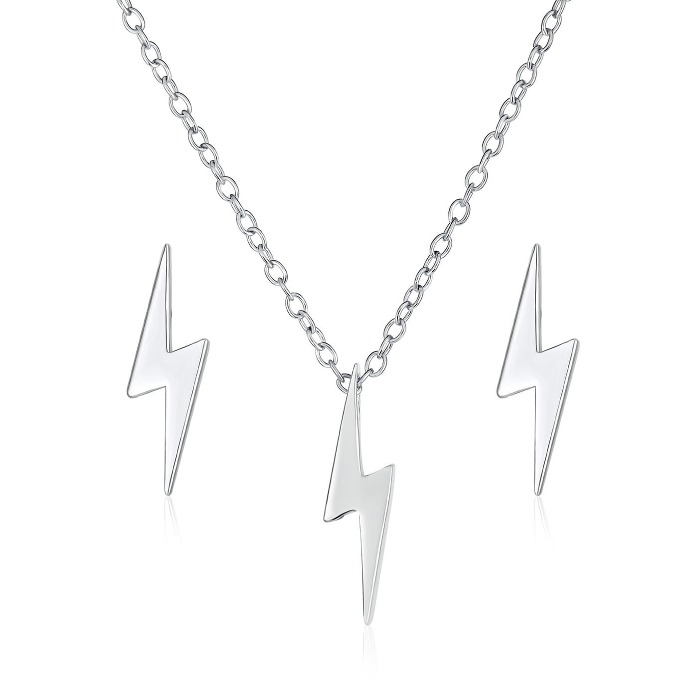 Minimalist Lightning Bolt Pendant Necklace & Stud Earring Set in Sterling Silver