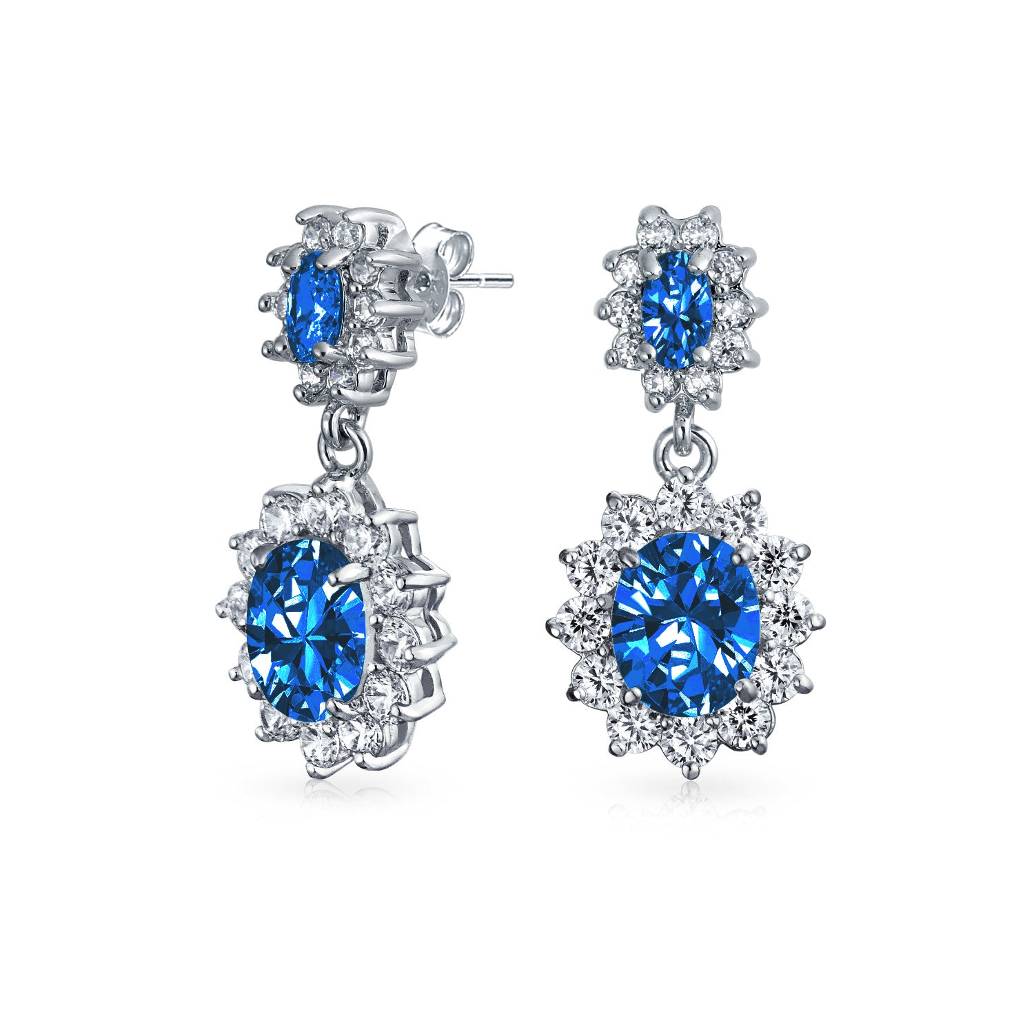 Set of 2 Art Deco Crown Halo Oval Yellow & Blue CZ Dangle Drop Earrings